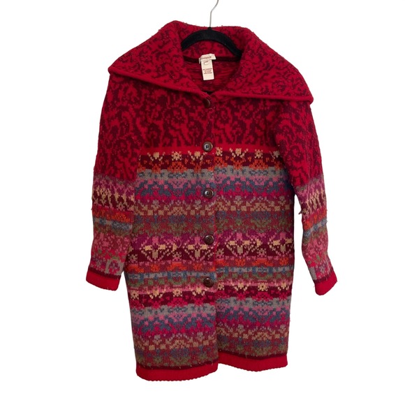 Sundance Sweaters - Sundance Lambswool Fair Isle Longline Cardigan Sweater Red Petite Medium PM